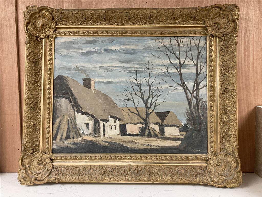 George William Bissell (1896-1973), oil on canvas, Thatched cottages, signed, 33 x 43cm